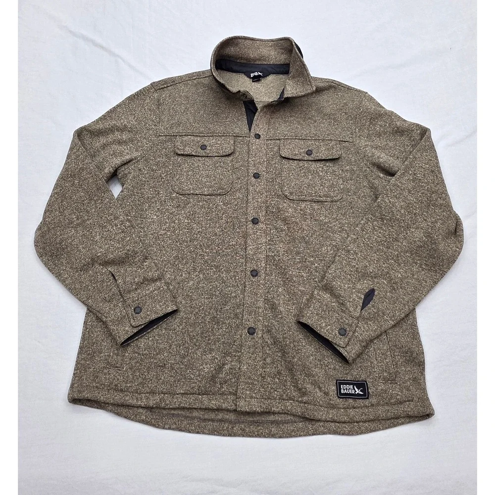 Eddie Bauer Mens Brown Fleece Lined Shirt Jacket Snap Front Large Heather Knit